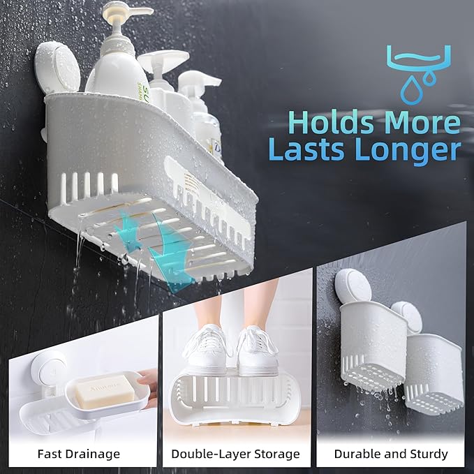 Shower Caddy Suction Cup Set - No-Drill Removable 3-Pack Organizer with Shower Shelf, Soap Dish, and Toothbrush Holder - Strong Suction, Waterproof, Ideal for Bathroom Organization