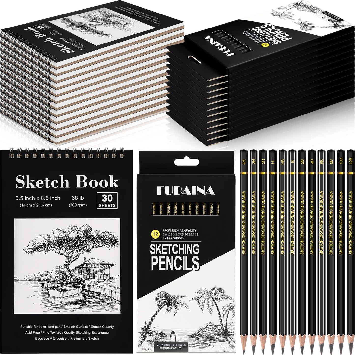 Humyoun 24 Pcs Top Spiral Bound Sketch Pad with Drawing Pencils Set, 5.5 x 8.5 Inch Sketchbook, 68lb(100gsm) Thick Paper, Charcoal & Graphite Pencils (12B-4H) for Shading, Artists & Beginners