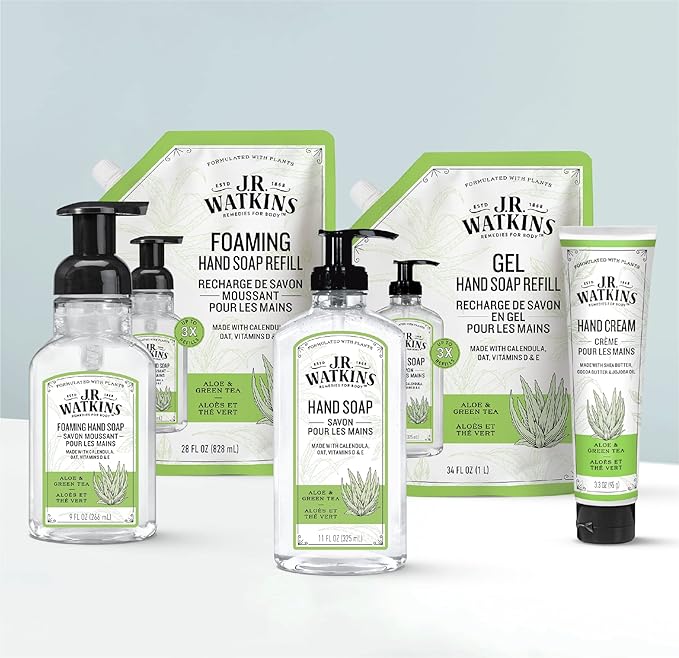 J.R. Watkins Foaming Hand Soap with Pump Dispenser, Moisturizing Foam Hand Wash, Alcohol-Free, Cruelty-Free, Aloe & Green Tea, 9 fl oz, 3 Pack