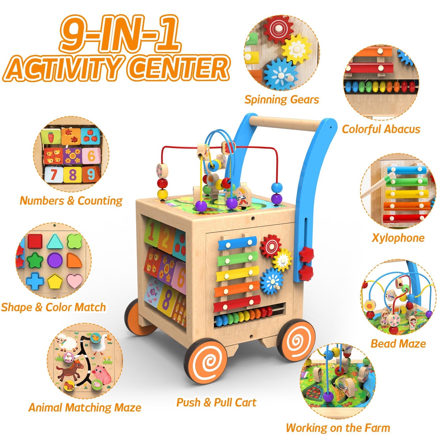 9-in-1 Wooden Activity Cube | Wooden Baby Walker, Sit-to-Stand Learning Walker Activity Center, Early Educational Push & Pull Toys for Baby Toddler Boys Girls, Height & Brake Adjustable