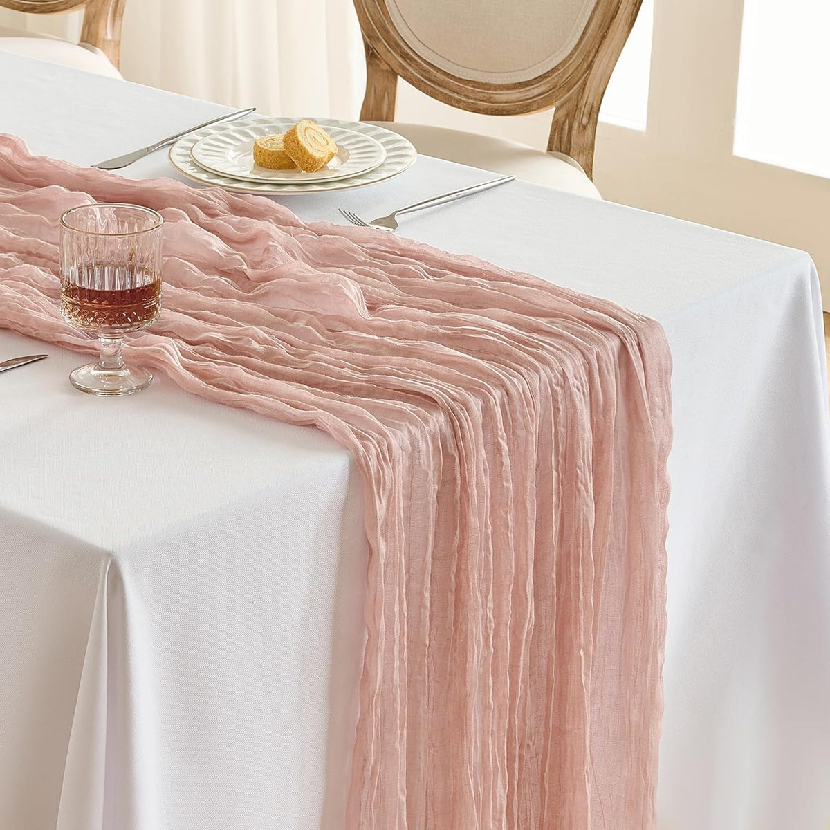 Fanami 3 Pack Cheesecloth Table Runner -10FT Dusty Pink Boho Gauze Cheese Cloth Table Runner 120 Inches Long Rustic Sheer Fabric Centerpieces for Wedding Birthday Party Bridal Baby Shower Decorations