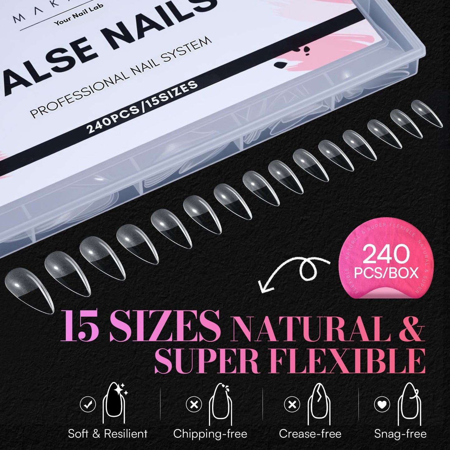 Makartt Medium Sharp Almond Nail Tips: Hybrid Almondetto Shape, 15 Sizes Clear Full Cover Fake Nails Extension, 240PCS Half Matte Soft Gel Tips for DIY Nail Lovers, Press-on Creators, Salon Supplies