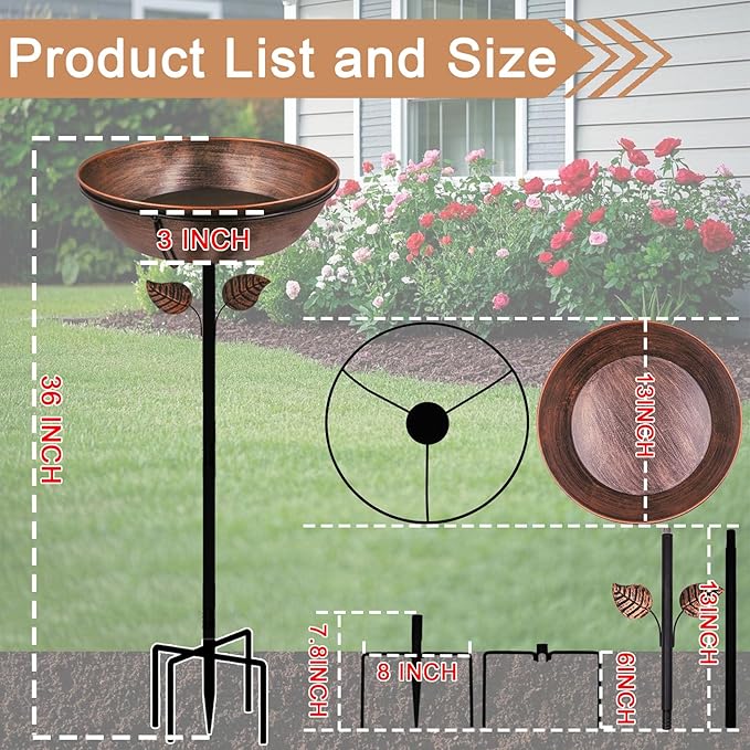OUISJYER 13" Metal Bird Bath for Outside 3" Deep Removable Bowl with Stake
