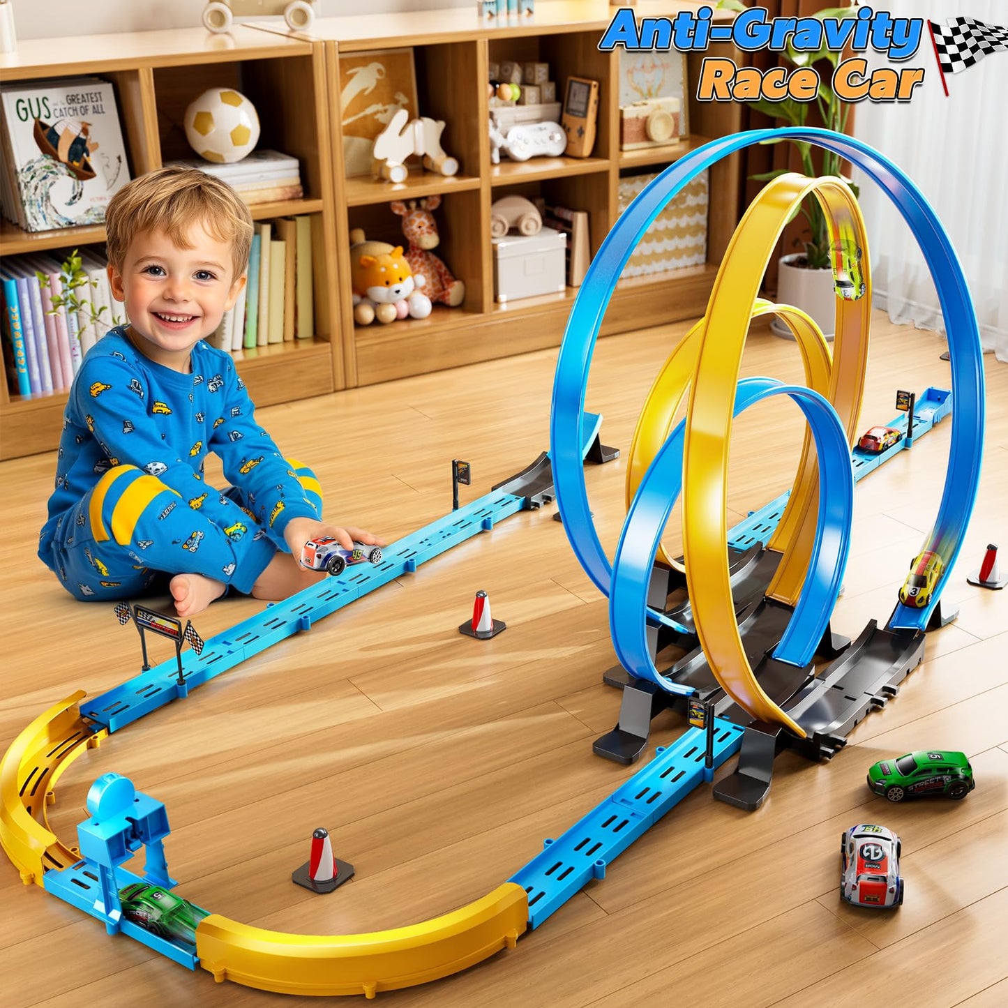 LILYBUDS Toy Car Race Track Set for Boys Kids Age 3-5 4-7, Race Tracks with 4 High-Speed Pull Back Race Cars and Crash Zones, Christmas Halloween Birthdays Gifts Toys for Boys Kids 4-6 8-12 Years Old