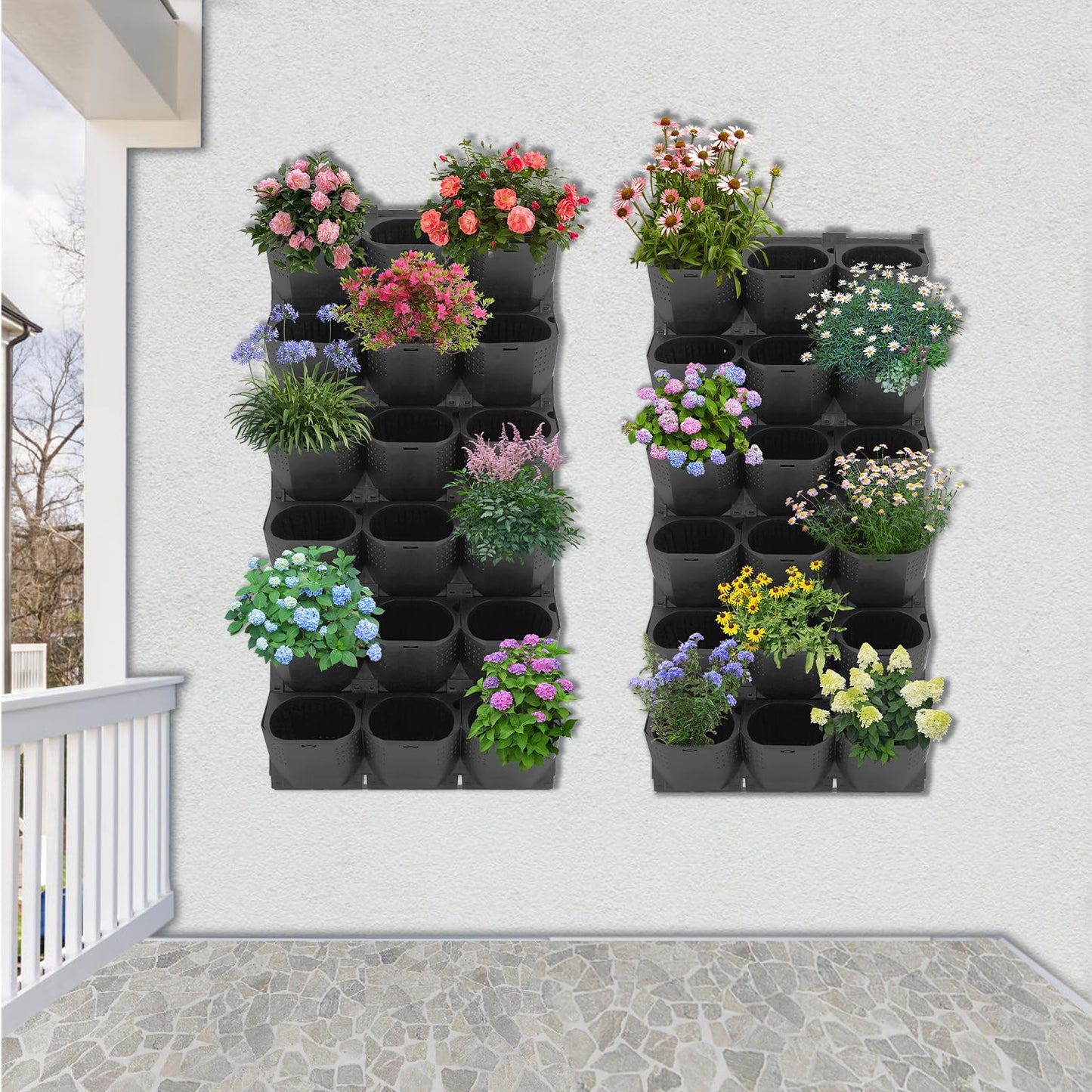 DouSeiAi Wall Mounted Vertical Garden Planter with 36 Pots, Indoor & Outdoor Stackable Wall Planter System for Flowers, Herbs, Vegetables, Space-Saving Living Wall for Home, Balcony, Yard