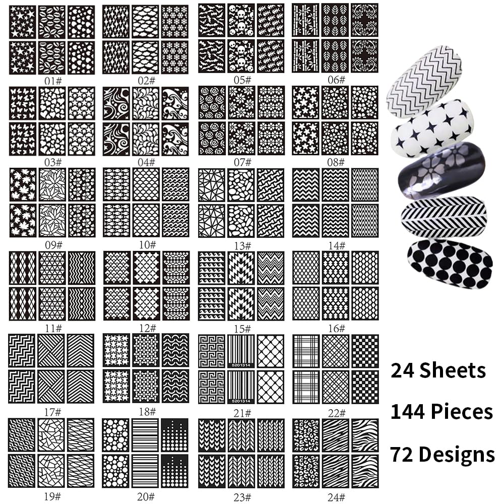 144 Pcs Nail Stencil for Nail Art 72 Designs Nails Art Stickers Hollow DIY French Tip Guides Manicure Decals Cute Elegant Patterns Printing Templates Stencil Tool Nail Decoration Supplies