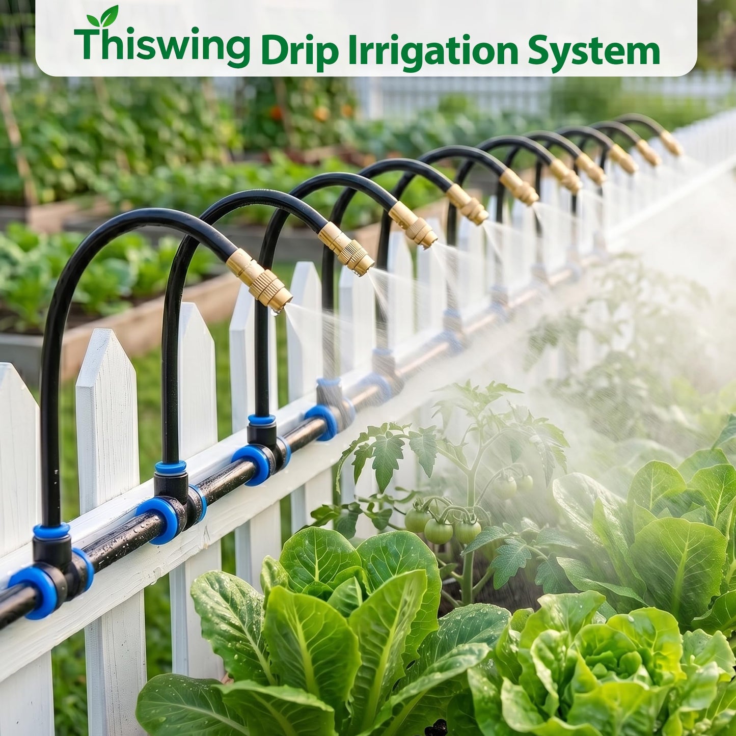 Thiswing 200FT 360° Adjustable Irrigation System for Garden – 1/4" Tubing with 36 Nozzles, Watering Misting System, Sprinkler for Garden, Raised Bed, Lawn, Plants