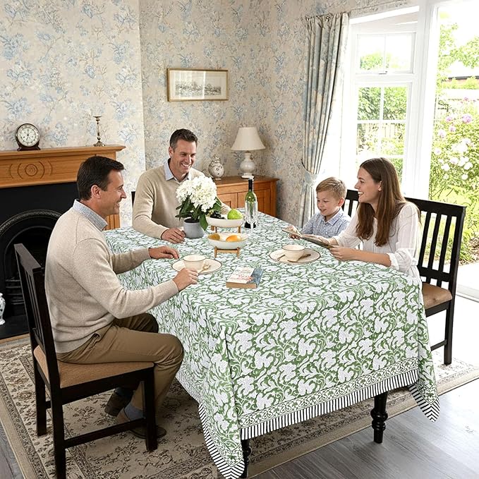 Ridhi Hand Block Print Sage Green Rectangle Cotton Tablecloth 120" x 60" Reusable Table Cover Decorative Everyday Use for Dining, Farmhouse, Home Gift for Spring, Easter, Valentine