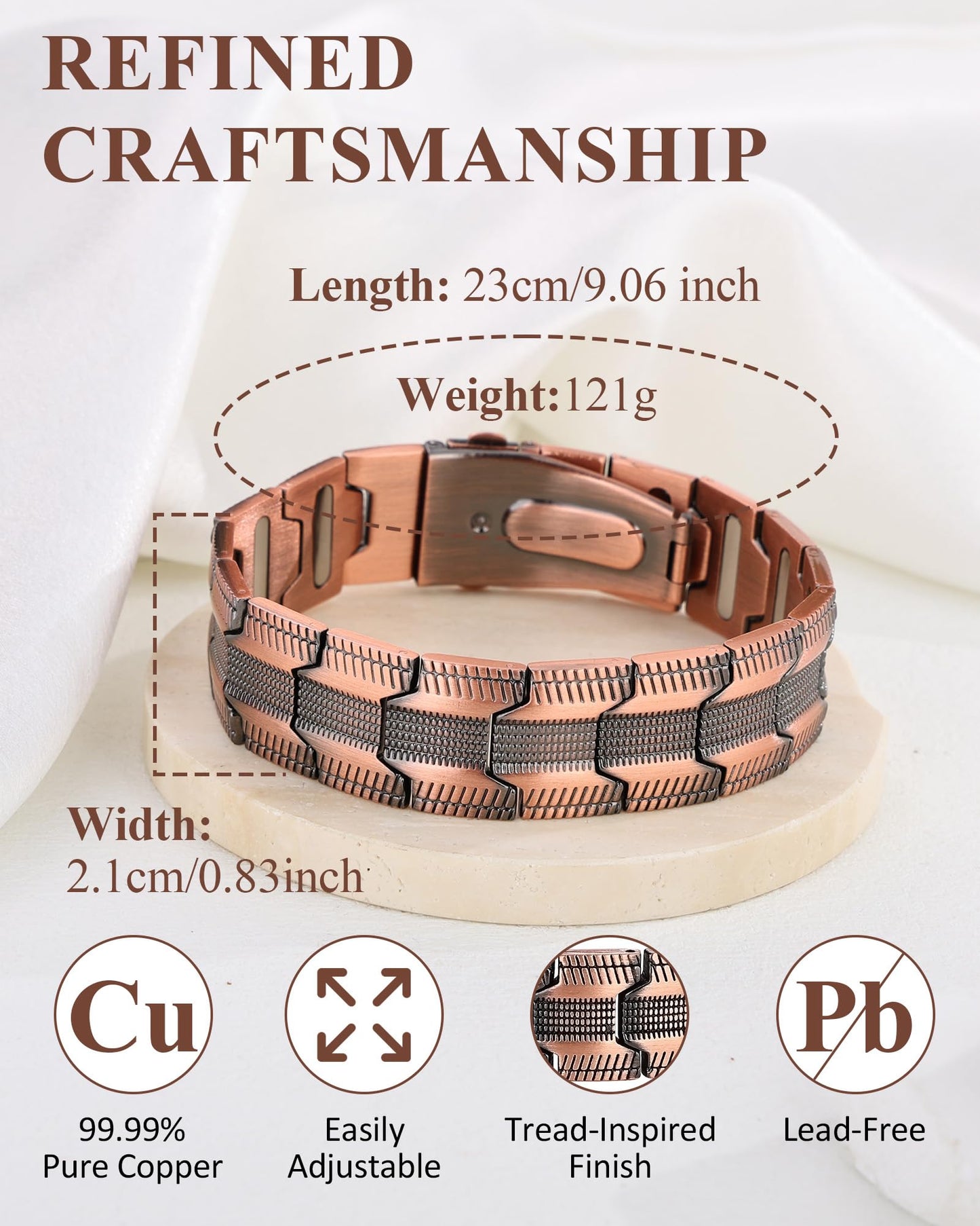 MagnetNova Ultra Strength Magnetic Bracelets for Men, 99.99% Pure Copper Bracelet with 5000 Gauss Magnets, Adjustable Size with Sizing Tool & Gift Box (Copper-21mm)