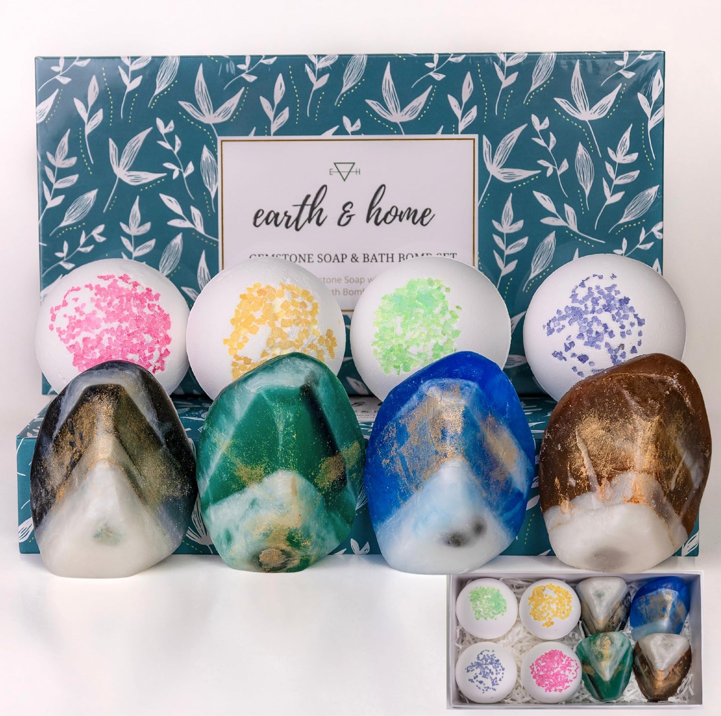 Gemstone Soap & Bath Bomb Set- Relaxing Spa Gift for women- Mothers day gift set- 4 Decorative scented Rock Soap with Crystals and 4 Fizzy Bath Bomb- with Natural Ingredients & Essential Oil