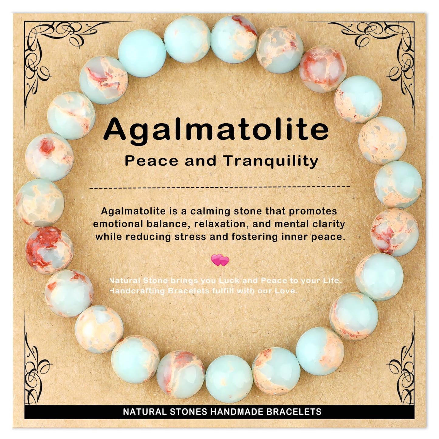 AD Beads 8mm Handmade Agalmatolite Elastic Bracelet – Natural Gemstone for Peace and Tranquility – Meditation, Yoga, Healing and Energy Gift for Men Women