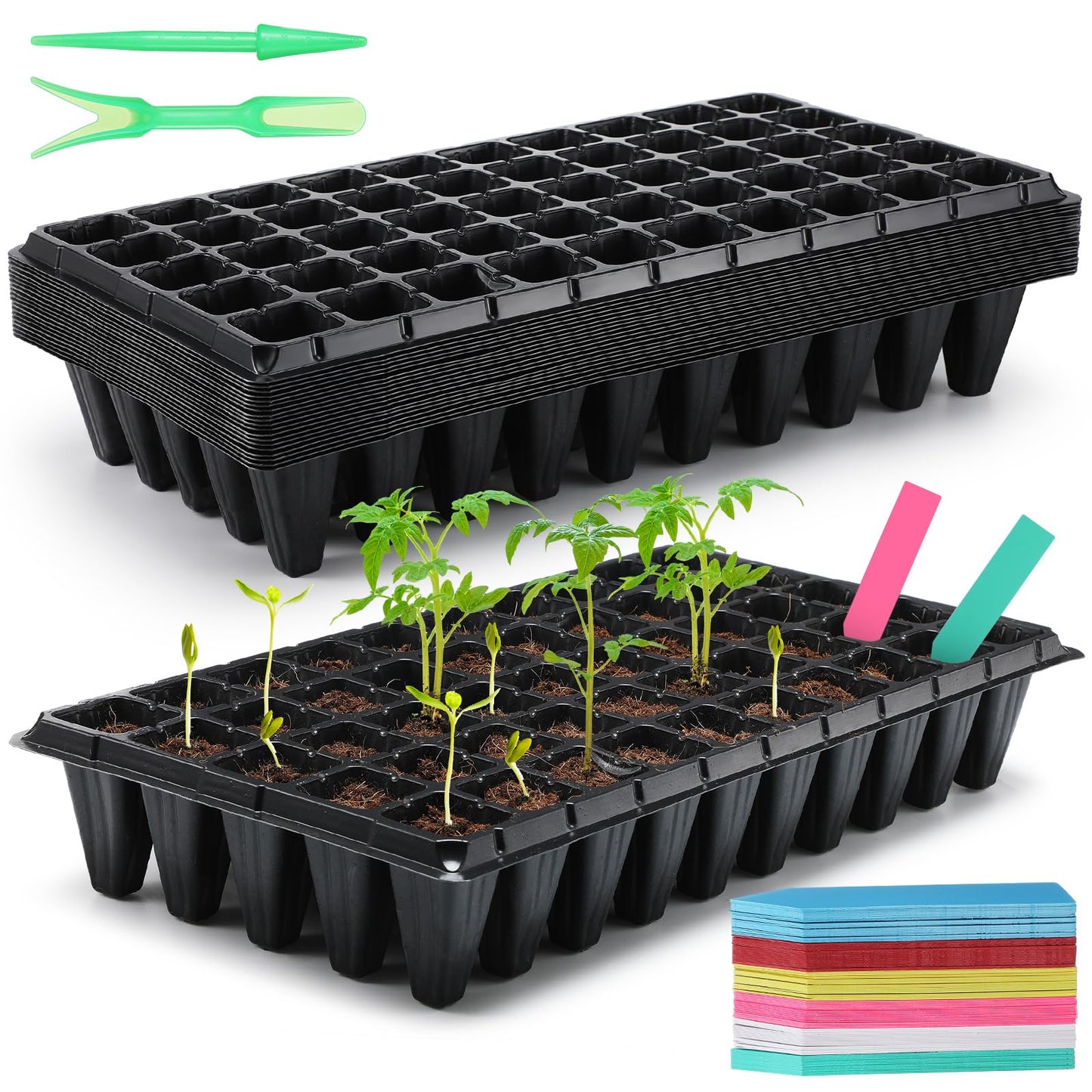 Vesici 20 Pcs 50 Cell Deep Root Seed Starting Trays 3.54" Depth Seedling Plastic Nursery Trays Bulk Thick Plastic Starter Cups for Plants with 120 Labels 2 Plant Tool Germination Gardener Supply