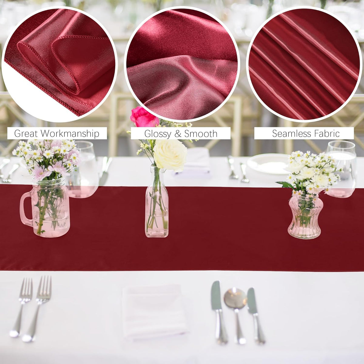 Aneco 12 Pack Satin Table Runner 12 x 108 Inch Burgundy Long Wedding Satin Silk Table Runner for Wedding Banquet Graduations Birthday Party Decoration
