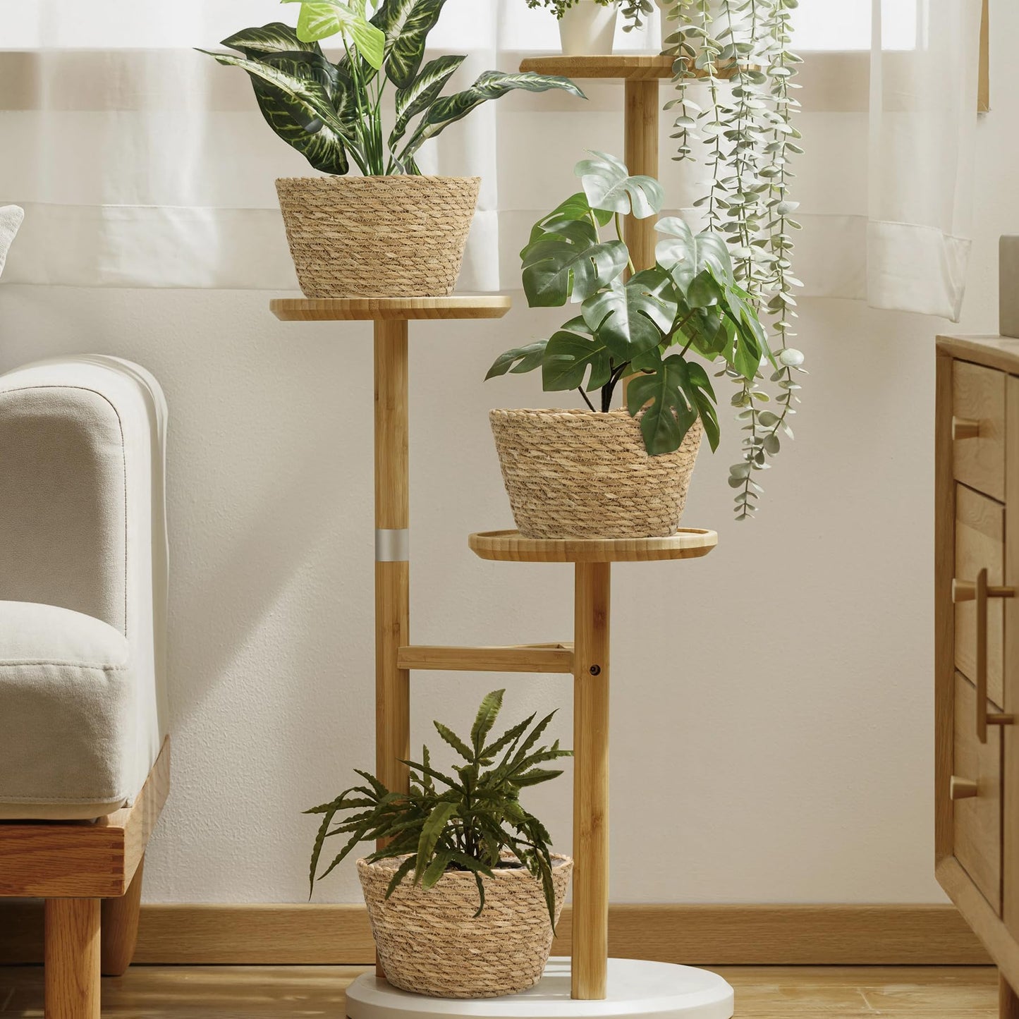 Athaliah Woven Plant Basket Set of 3 with Plastic Liner, Indoor Planter Baskets for Floor Plants, Water Hyacinth & Corn Husk Basket Planters, Decorative Rustic Boho Home Decor