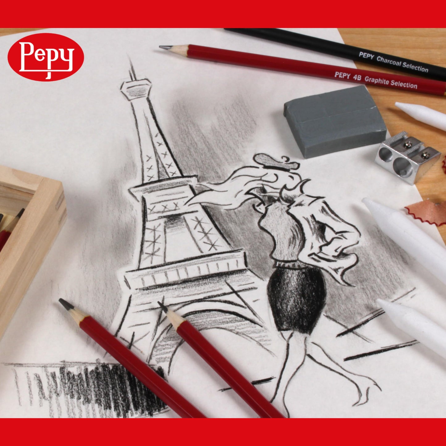 Pepy Sketching and Drawing Set in Wood Carrying Box: 3 Charcoal Pencils, 8 Graphite Pencils, Sharpener, Eraser, and Set of 6 Blending Stumps