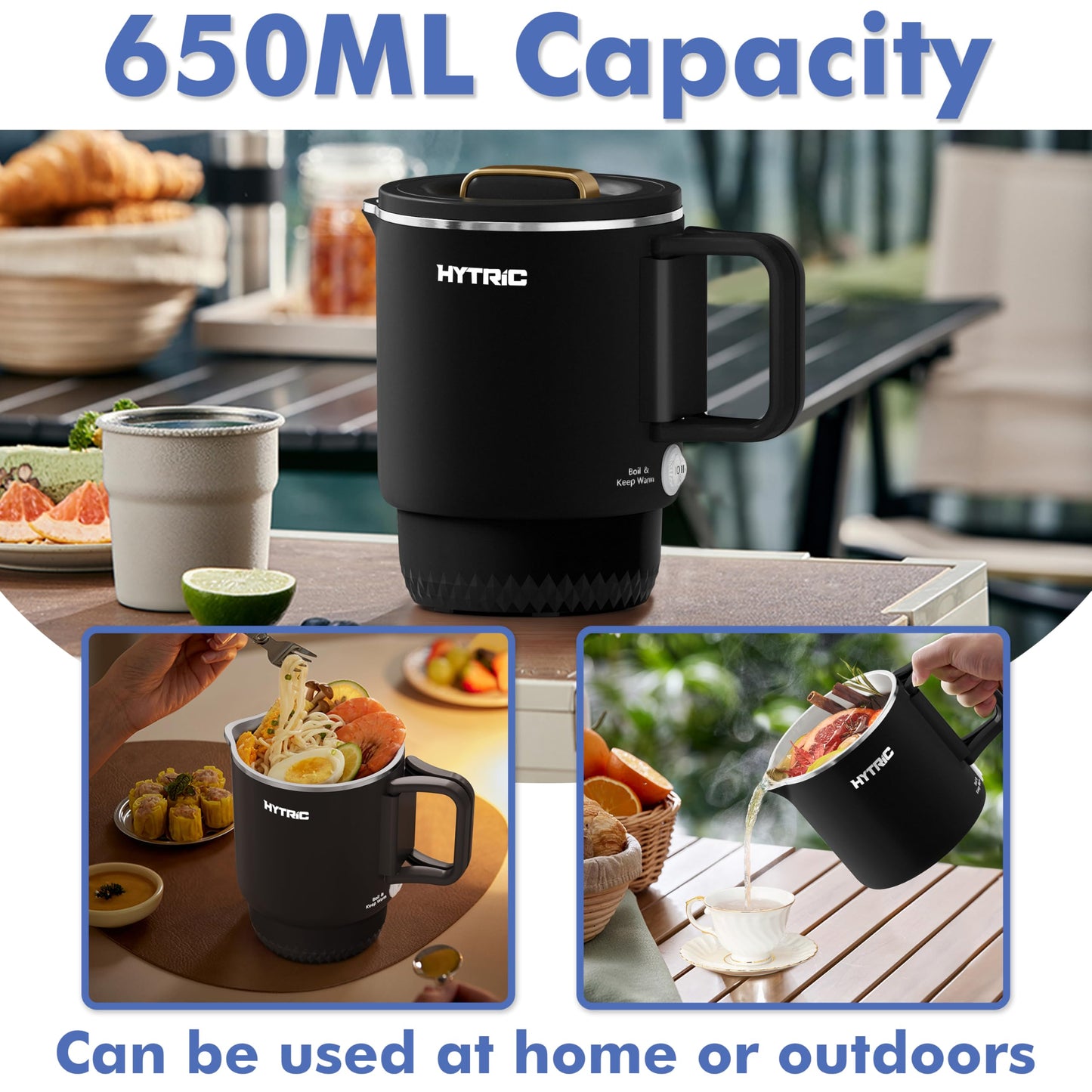 HYTRIC Travel Electric Kettle, 650ML Foldable Small Electric Kettle, Stainless Steel Portable Kettle with Dual Power Control, Collapsible Small Kettle Electric, Auto Shutoff & Boil Dry Protection