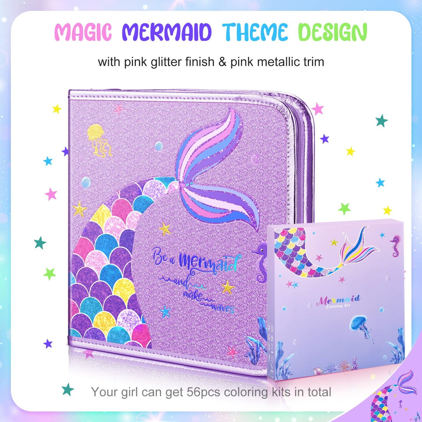 MAIGOZON Mermaid Art Craft Kit for Kids, 56 Piece Set with Pencil Case, Markers, Crayons, Gel Pens, Erasers, Stencils, Ruler