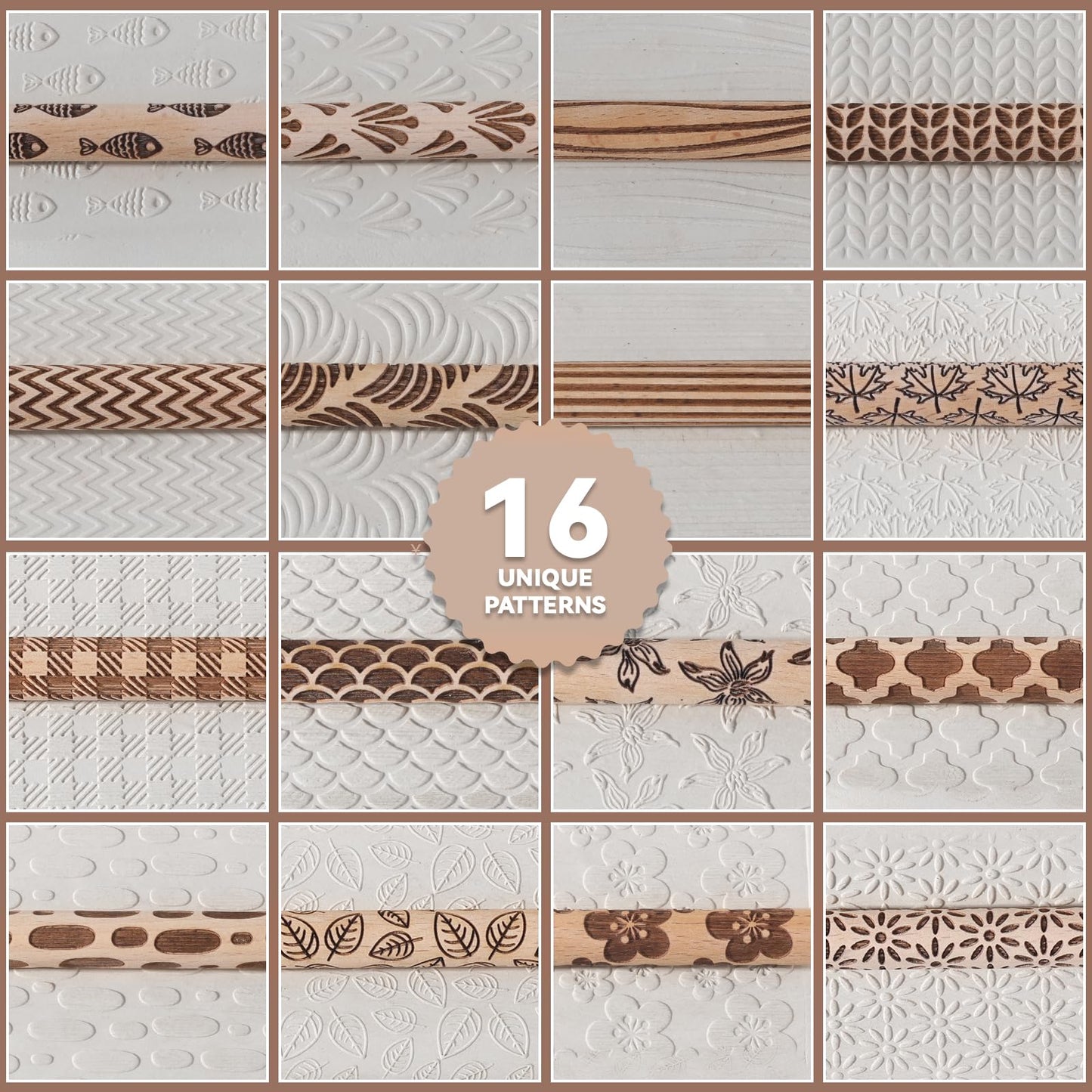 Conderyang 16Pcs Wooden Clay Texture Roller Set Clay Modeling Pattern Rollers Wooden Texture Rollers Wood Pottery Tools Pottery Tool Set for Artists Art Creation Ceramic DIY, 4In x 0.6In（Style 1)