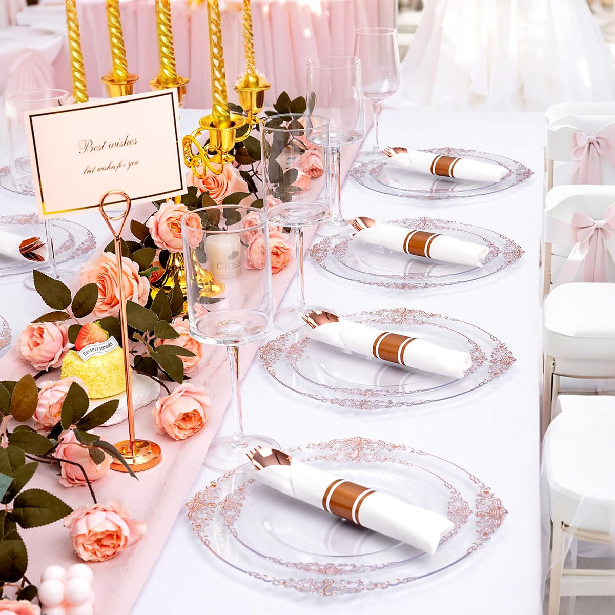 400PCS Pre Rolled Rose Gold Plastic Silverware Sets - Heavy Duty Rose Gold Cutlery - Include 100 Pack Wrapped Disposable Utensils with Napkins for Parties & Dinners & Weddings