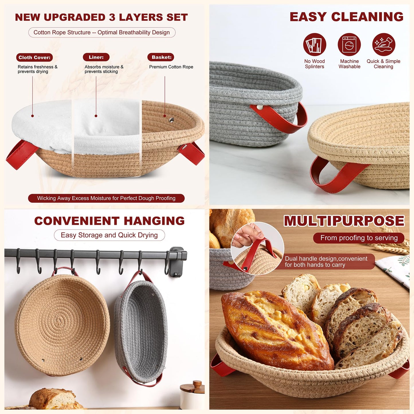 Tunyet Sourdough Bread Baking Supplies, Banneton Bread Proofing Basket, 10 Inch Oval & Round Bread Baskets with Liners & Covers, Sourdough Starter Kit