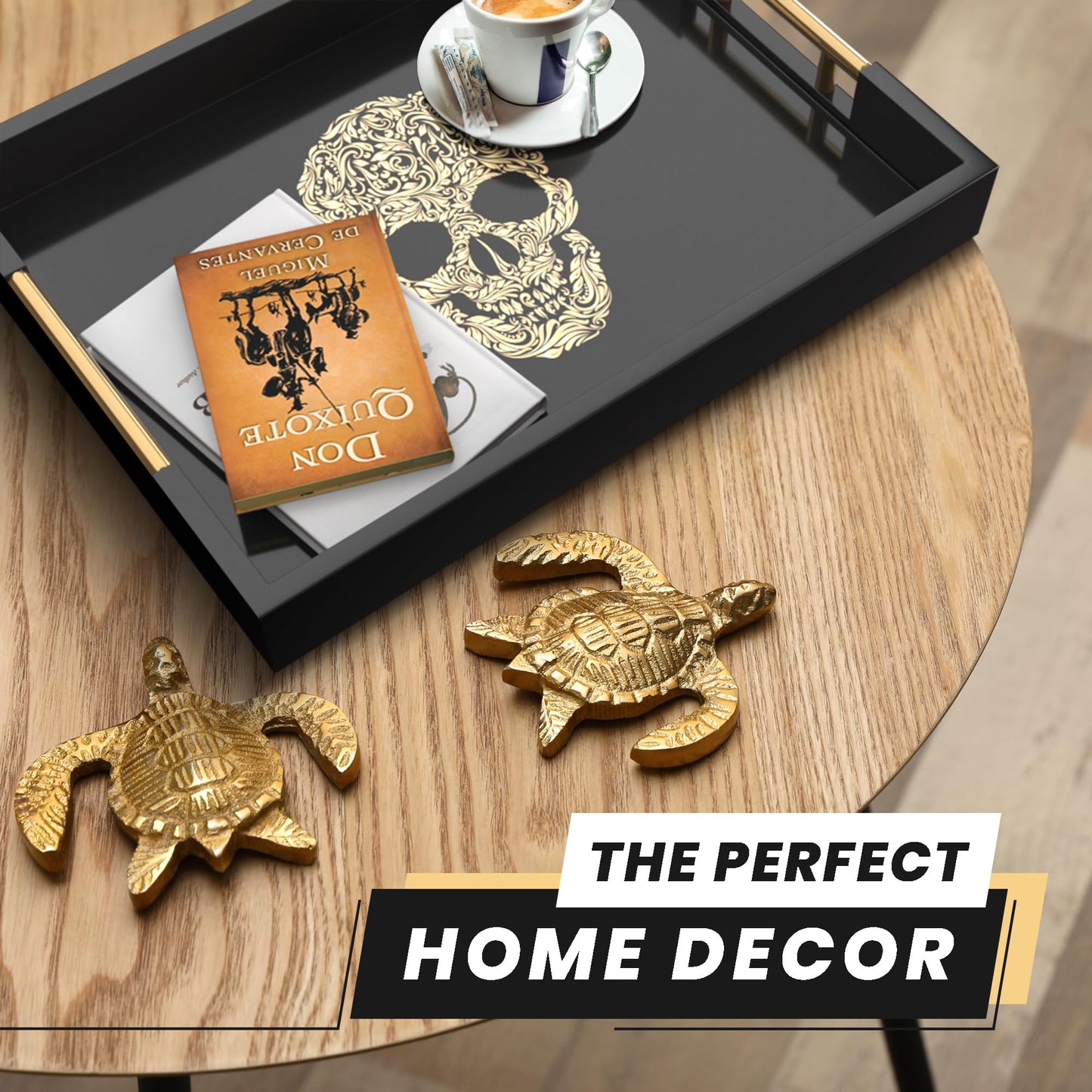 Gothic Skull Serving Tray with Gold Handles – Black Gloss Wooden Ottoman Tray for Coffee Table, Bar, or Kitchen – Elegant Gothic Decor & Unique Gift for Halloween, Horror & Alternative Style Lovers