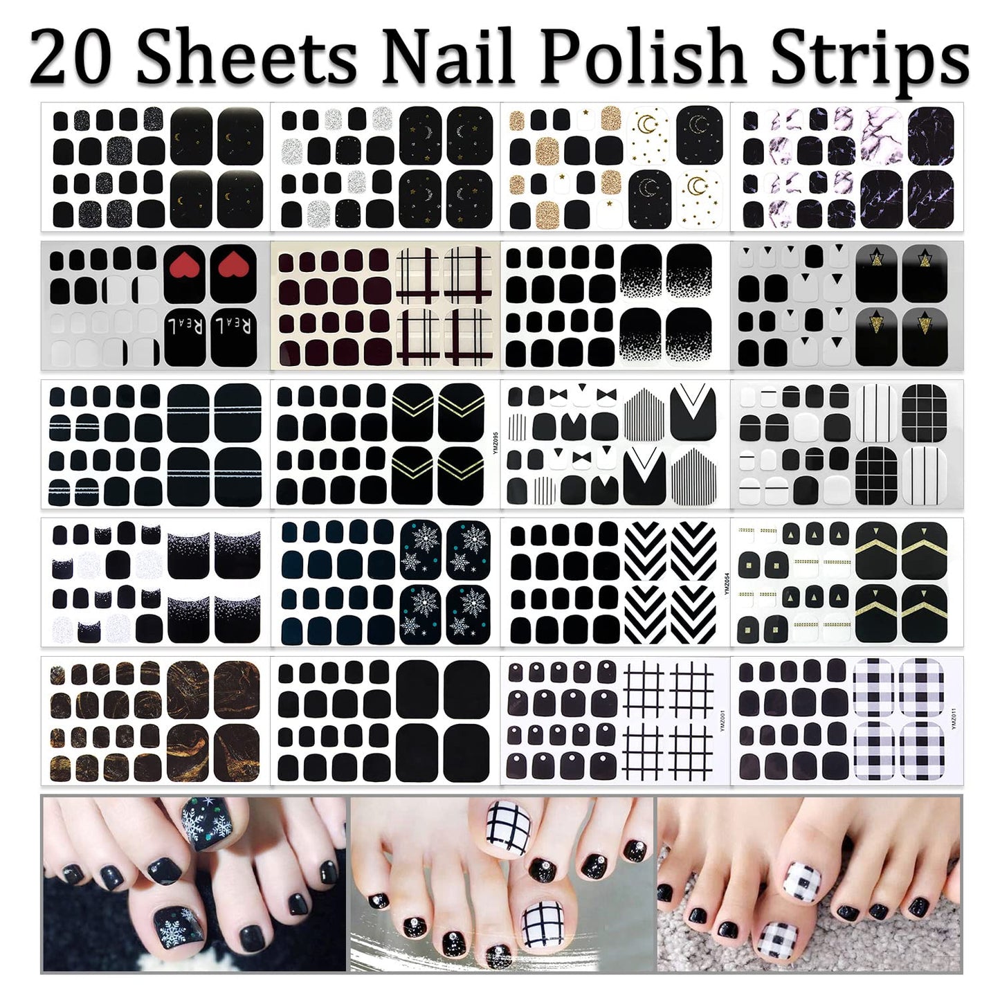 SILPECWEE Toe Polish Strips - Black Full Wraps for Women, Self Adhesive Stickers, Gel Strips for Toenails Decoration With Nail File (20 Sheets)