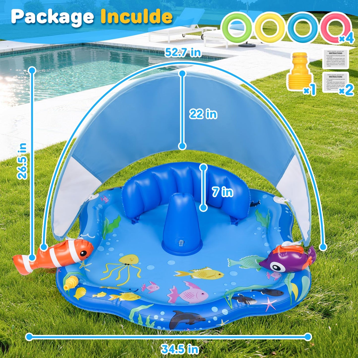Baby Pool Float with Sprinkler, Inflatable Baby Splash Pad with Stackable Rings Game, Baby Splash Mat with Canopy & Backrest for Toddlers Garden, Beach, Backyard and Bathroom (Blue)
