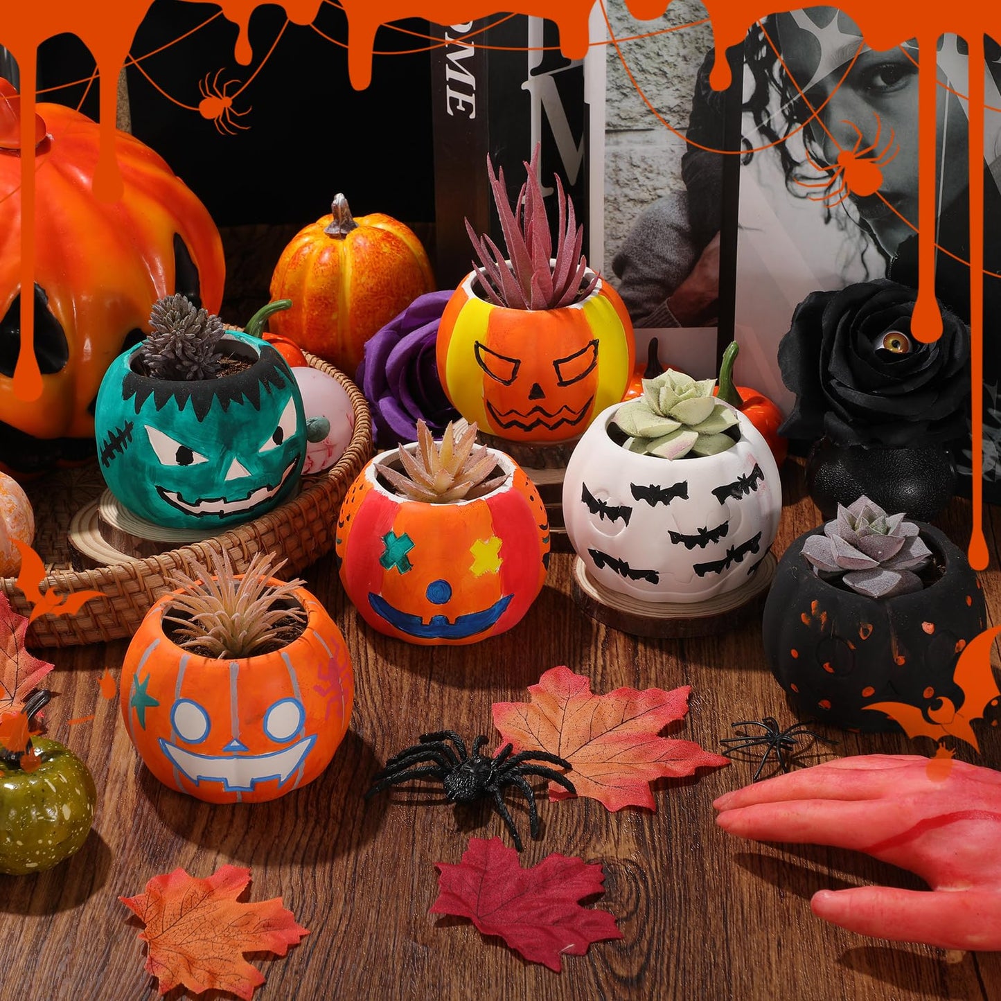 Suzile 6 Pack Halloween DIY Ceramic Craft Devil Pumpkin Succulent Pots with Drainage 3.5 Inch Unpainted Small Pumpkin Ceramic Planter Kit Halloween Decor Craft Activity Gift (Plants Not Included)
