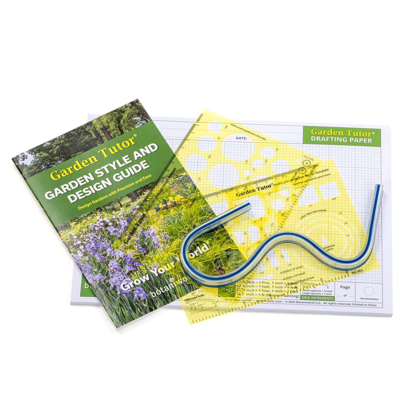 Garden Tutor Multiscale Garden & Landscape Design Kit – 2 Translucent Yellow Design Stencils, 12-Inch Flexible Curve Ruler, 40-Sheet Multi-Scale Graph Paper & Garden Design Guide