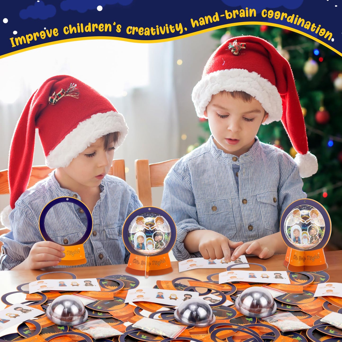 Threehoney 24 Pack Easter Nativity Craft Kit for Kids Toddler Jesus Birth Advent DIY Snow Globe Hanging Ornament with Glitter Sequin Paper Religious Holiday Classroom Decor(Holy Night,Gold)