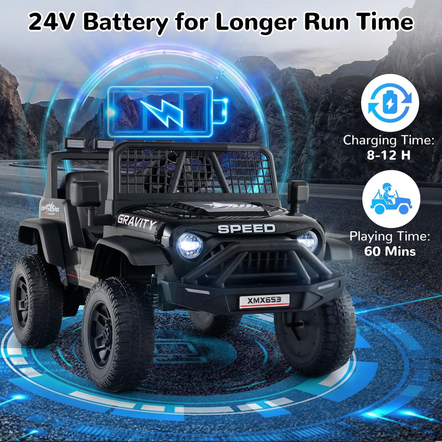OLAKIDS 24V Ride on Car with Remote Control, Bluetooth, LED Lights, Horn, Spring Suspension, High/Low Speeds, Soft Start for Kids Aged 3+ (Black)