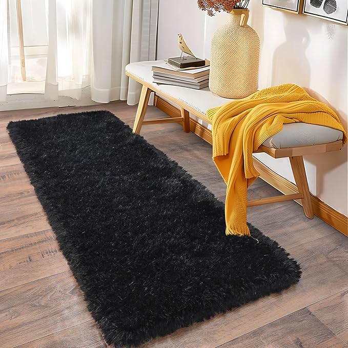 Soft Runner Rugs for Bedroom Hallways, 2x5 Black Fluffy Shag Throw Area Rug Non Slip for Bedside Dorm, Long Shaggy Furry Carpet for Nursery Living Room