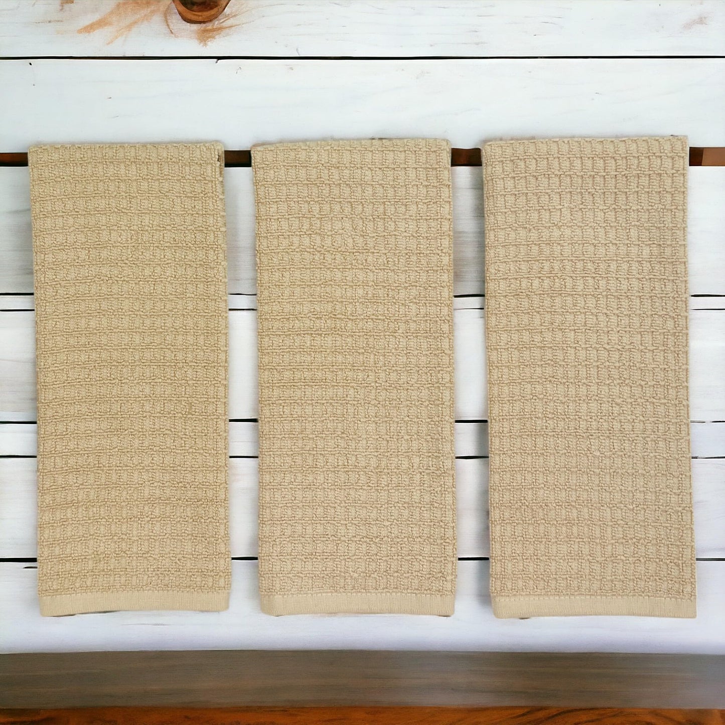 Serafina Home Tan Beige Kitchen Dish Hand Towels 100% Cotton Waffle Cloth Soft Cleaning Drying Absorbent Terry Box Loop: Set of 3 Multipurpose for Everyday Use Oversized 16" x 28"