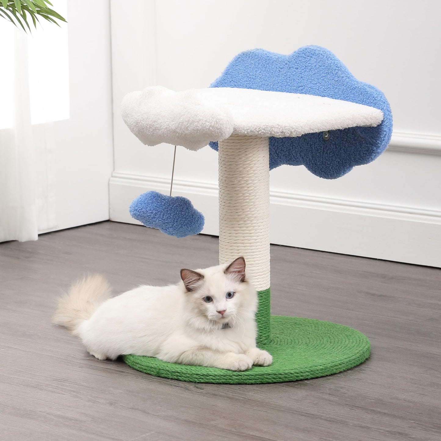 THE LICKER Store CTR1006A Sami 21.5" Modern Jute Cloud Cat Tree with Scratching Post, and Fuzzy Toy, White/Blue/Green