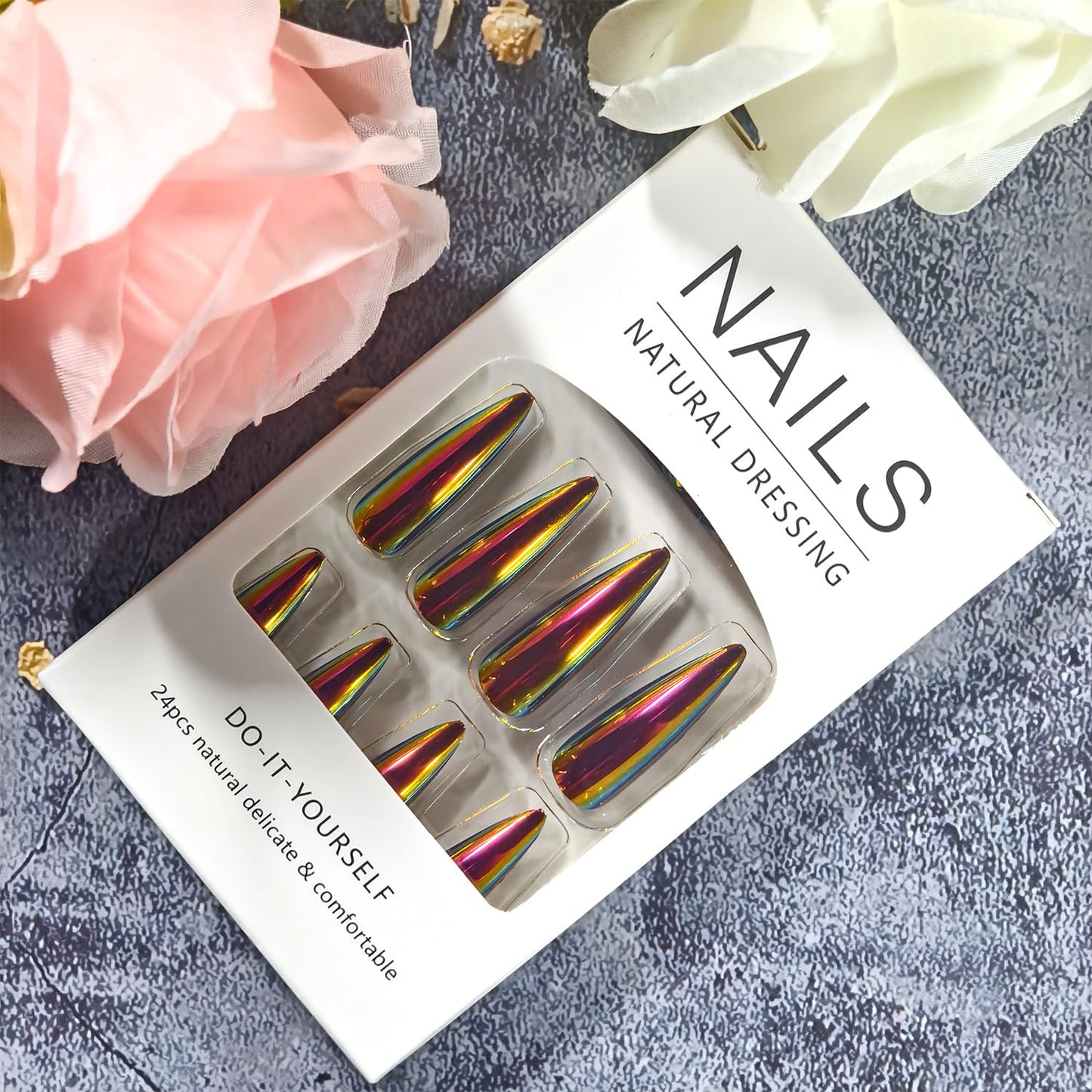 Chrome Press on Nails Medium Length Artificial Acrylic Metallic Laser Chrome Glossy False Nails Design Almond Stick on Nail Reusable Full Cover Glue on Nail Artificial Fingernails for Women Manicure