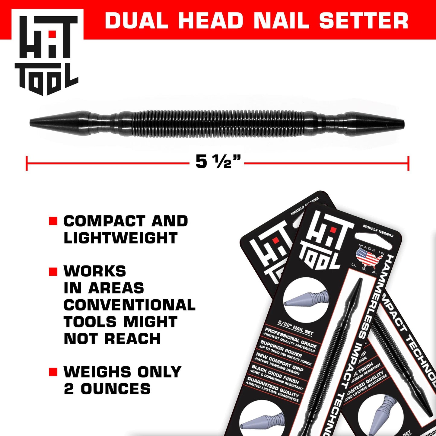 HIT Tool 2/32" (#2) Nail Set and 3/32" (#3) Nail Set Combination Hammerless Spring Punch