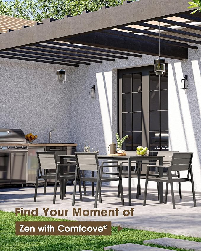 Outdoor Patio Dining Table, HDPS & Aluminum Outdoor Table with Umbrella Hole, All-Weather for Deck, Garden, Lawn, Backyard, Poolside (Classic Gray)
