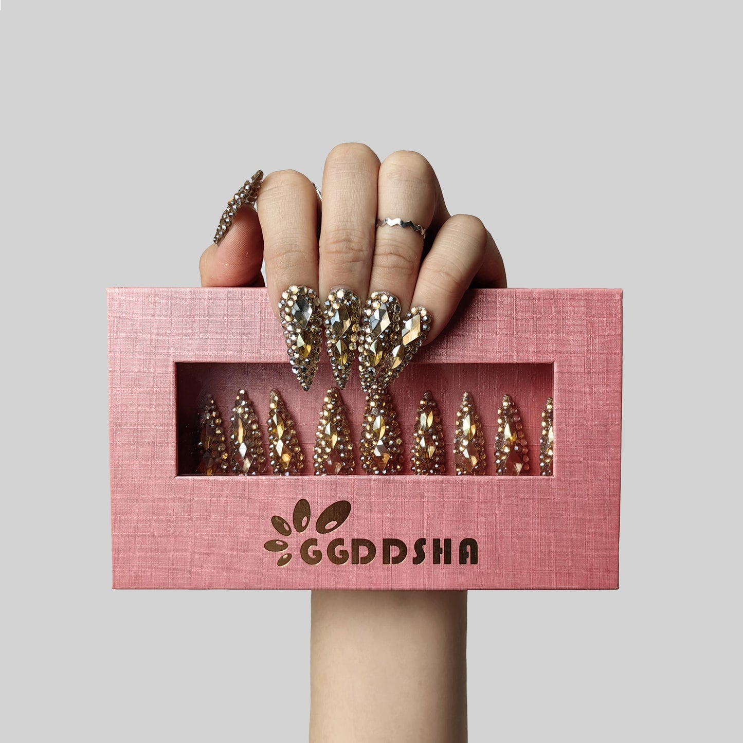GGddsha 2025 New Full Diamond Medium Almond Press on Nails Reusable PMMA Acrylic Handmade Nails Full Deluxe 3D Crystal Fake Nails w/Box Gift for Women (Gold, Medium)