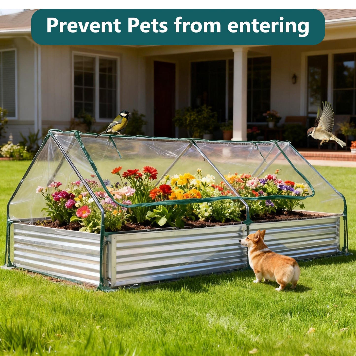 DUMOS 8x4x1ft Galvanized Raised Garden Bed with Cover, Planter Box Outdoor for Deep-Rooted Herbs/Flowers/Vegetables, Open Base Metal Garden Bed Mini Greenhouse for Patio/Balcony/Backyard, Silver