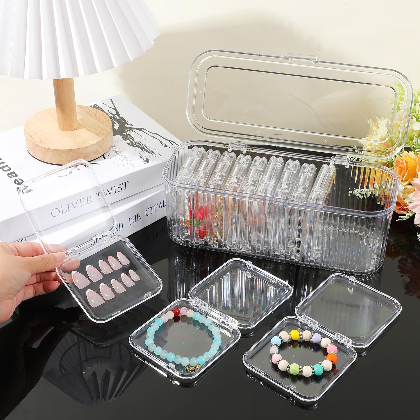 24 Pcs Clear Press On Nail Storage Box with 2 Large Organizers and 60 Adhesive Tapes, for Fake Nail Display, Nails Salon Packaging, and Nails Art Organization