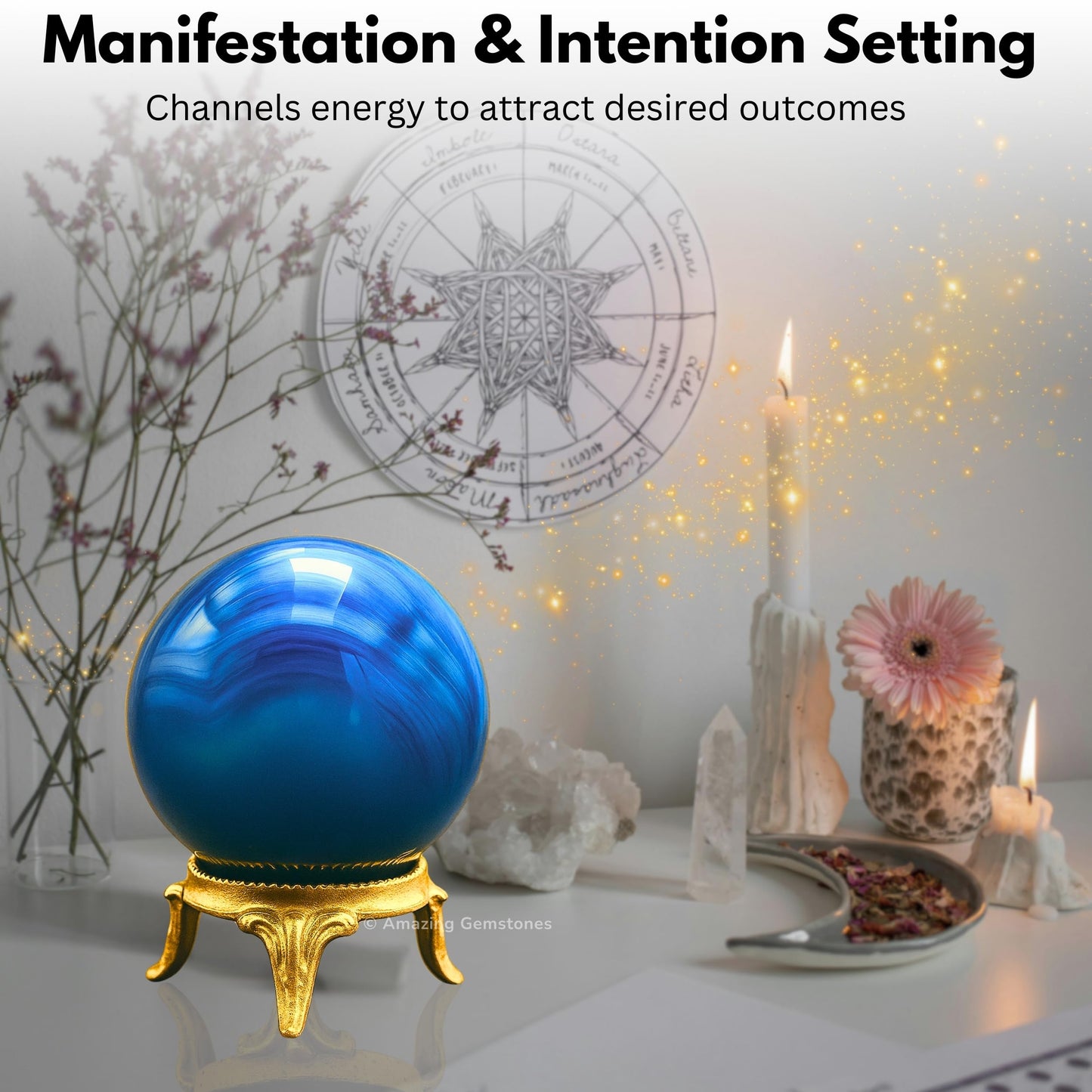Amazing Gemstone Blue Onyx Crystal Ball with Stand - 2" Inches Crystal Sphere Meditation Balls for Witchcraft and Decorative Balls