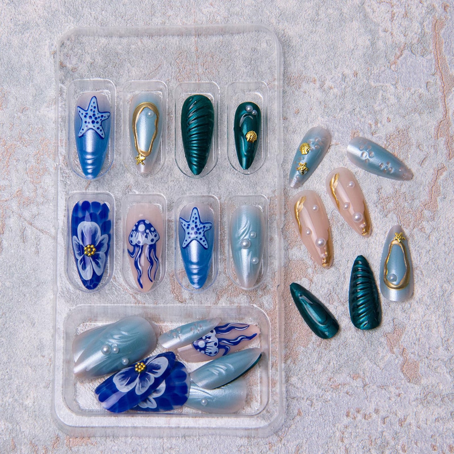 Summer Beach Press on Nails Medium Almond Fake Nails 3D Ocean Waves Acrylic Nails Blue Jellyfish Starfish Artificial Nails Gold Star False Nails with Pearl Designs Glue on Nails for Women Girls 24Pcs