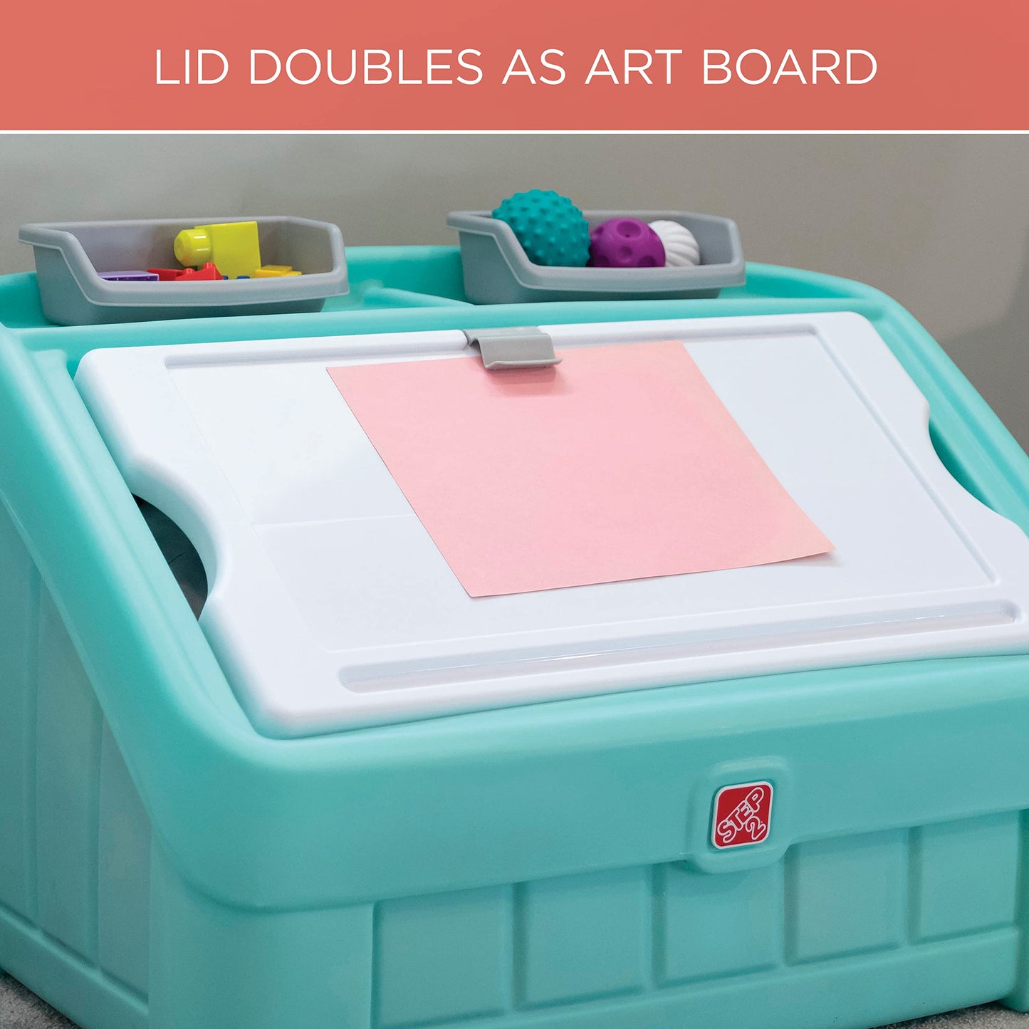 Step2 2-in-1 Toy Box & Art Lid, Kids Toy Storage Bin & Organizer, Easel & Chest in One, Made of Durable Plastic, For Toddlers 2+ Years Old, Mint