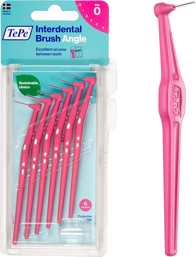 TePe Interdental Brush Angle, Angled Dental Brush for Teeth Cleaning, Pack of 6, 0.44 mm, Extra-Small/Small Gaps, Pink, Size 0