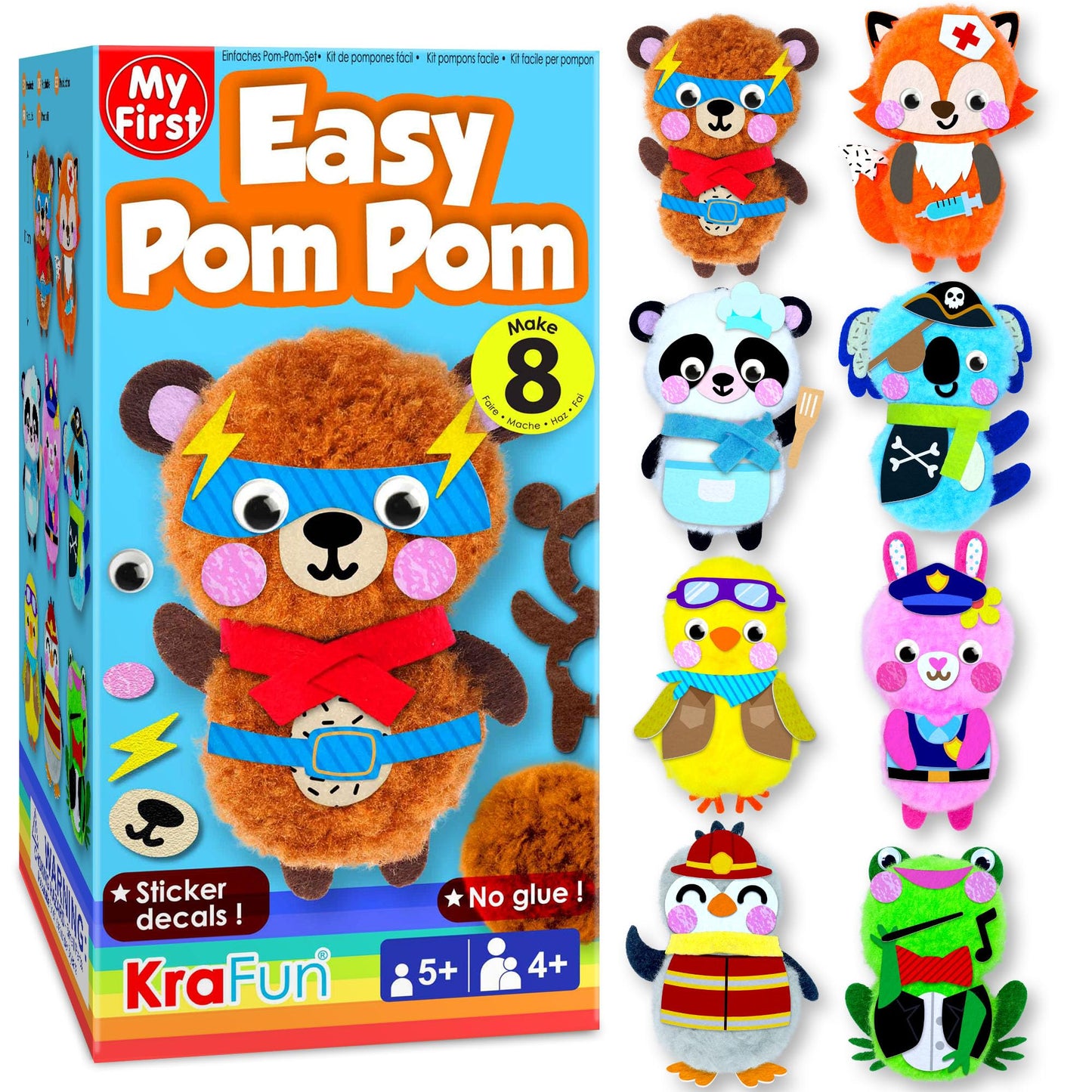 KRAFUN DIY Pom Pom Animal Craft Kit for Kids - Make 8 Pictures (Panda, Bear, Fox) - No Glue Mess-Free Sensory Art Activity - Creative Gift for Toddlers Boys & Girls Ages 3 4 5 6