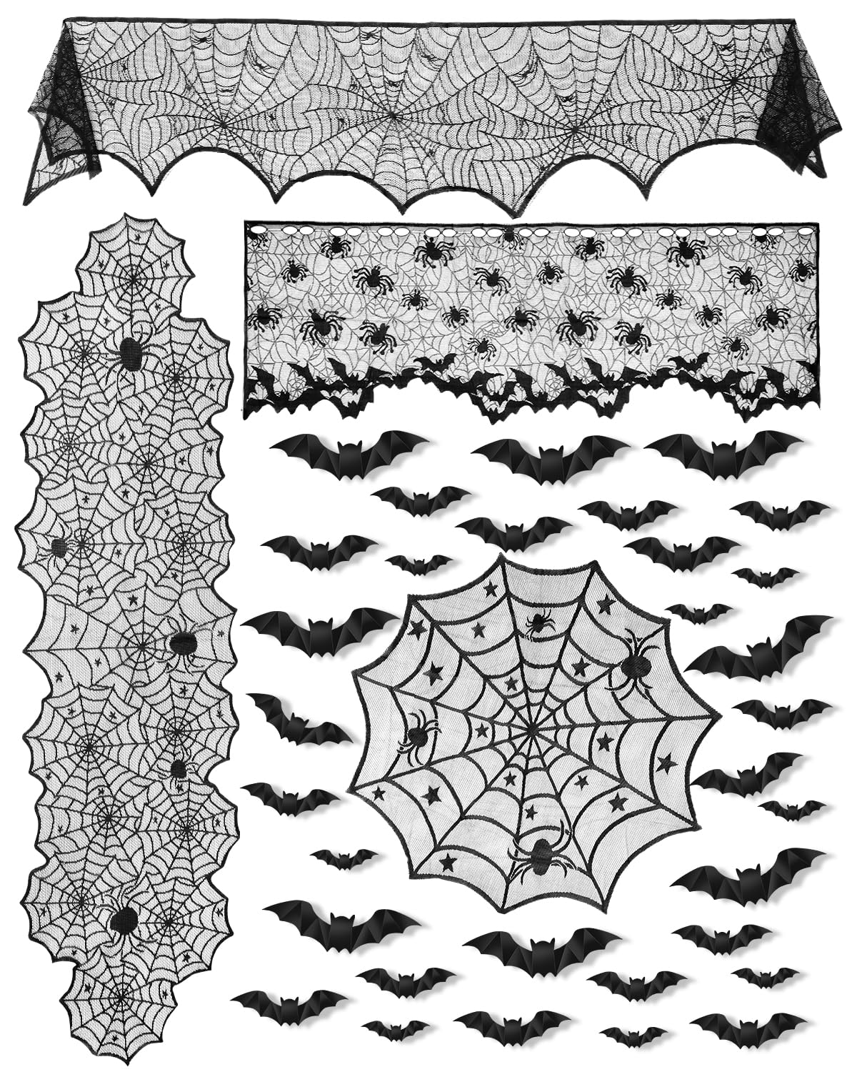 eZAKKA 5 Pack Halloween Decorations Indoor Halloween Spider Web Tablecloth Table Runners Fireplace Mantel Scarf Cobweb Lampshade Scary 3D Bats for Parties Gothic Spooky Home Decoration