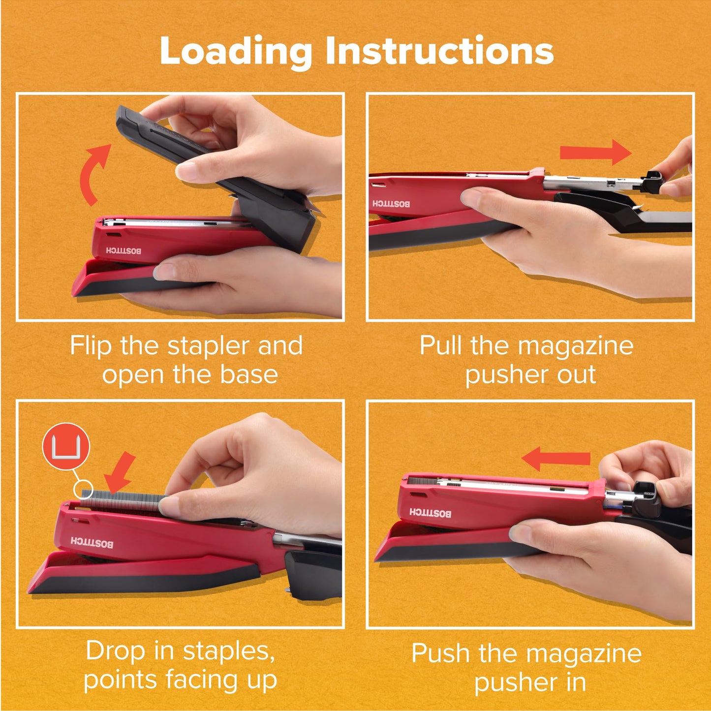 Bostitch Office Executive 3 in 1 Stapler, Includes 210 Staples and Integrated Staple Remover, One Finger Stapling, No Effort, 20 Sheet Capacity, Spring Powered Stapler, Red
