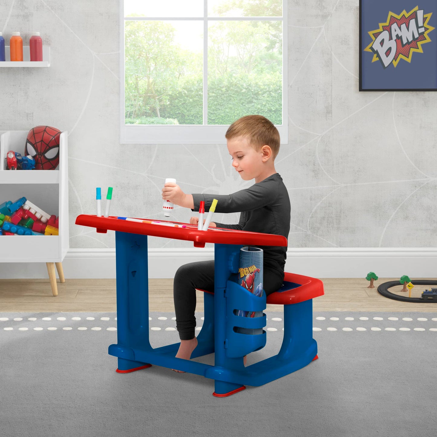 Spider-Man Draw and Play Desk by Delta Children – Includes 10 Markers and Coloring Book, Blue