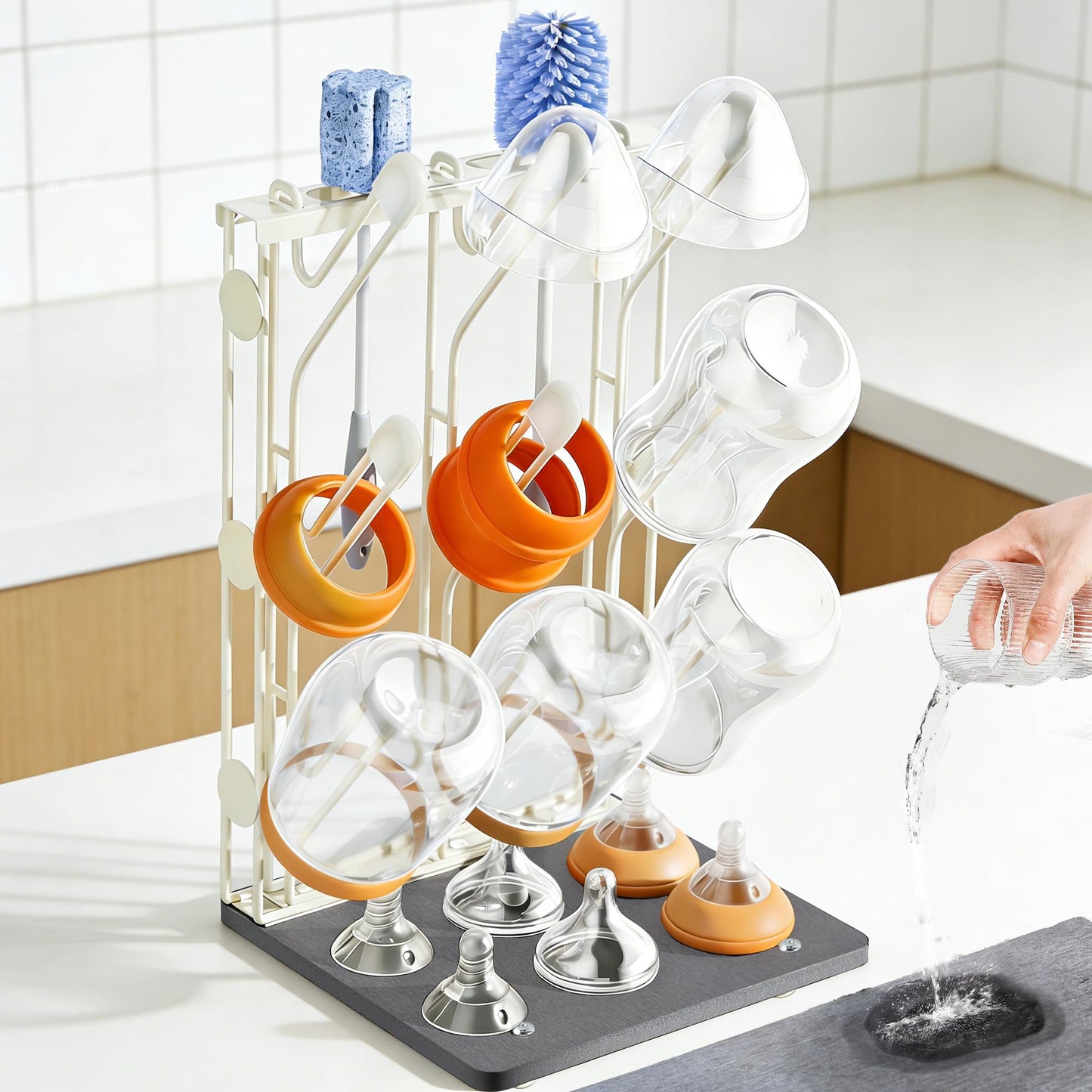 Taozun Bottle Drying Rack with 9 Hooks, Quick-Dry Diatomite Base with Stainless Steel Cup Stand, Vertical Space Saving Countertop Baby Organizer