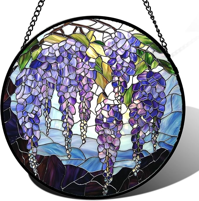 Stained Glass Window Hanging, Wisteria Flower Sun Catcher for Door Home Decor Purple and Blue Suncatcher Christmas Mother's Day Birthday Gifts for Women Men Mom and Nana 7.8 in
